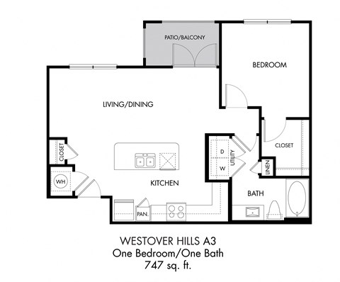 Floor plan for 1 bed, 1 bath, 747 sqft